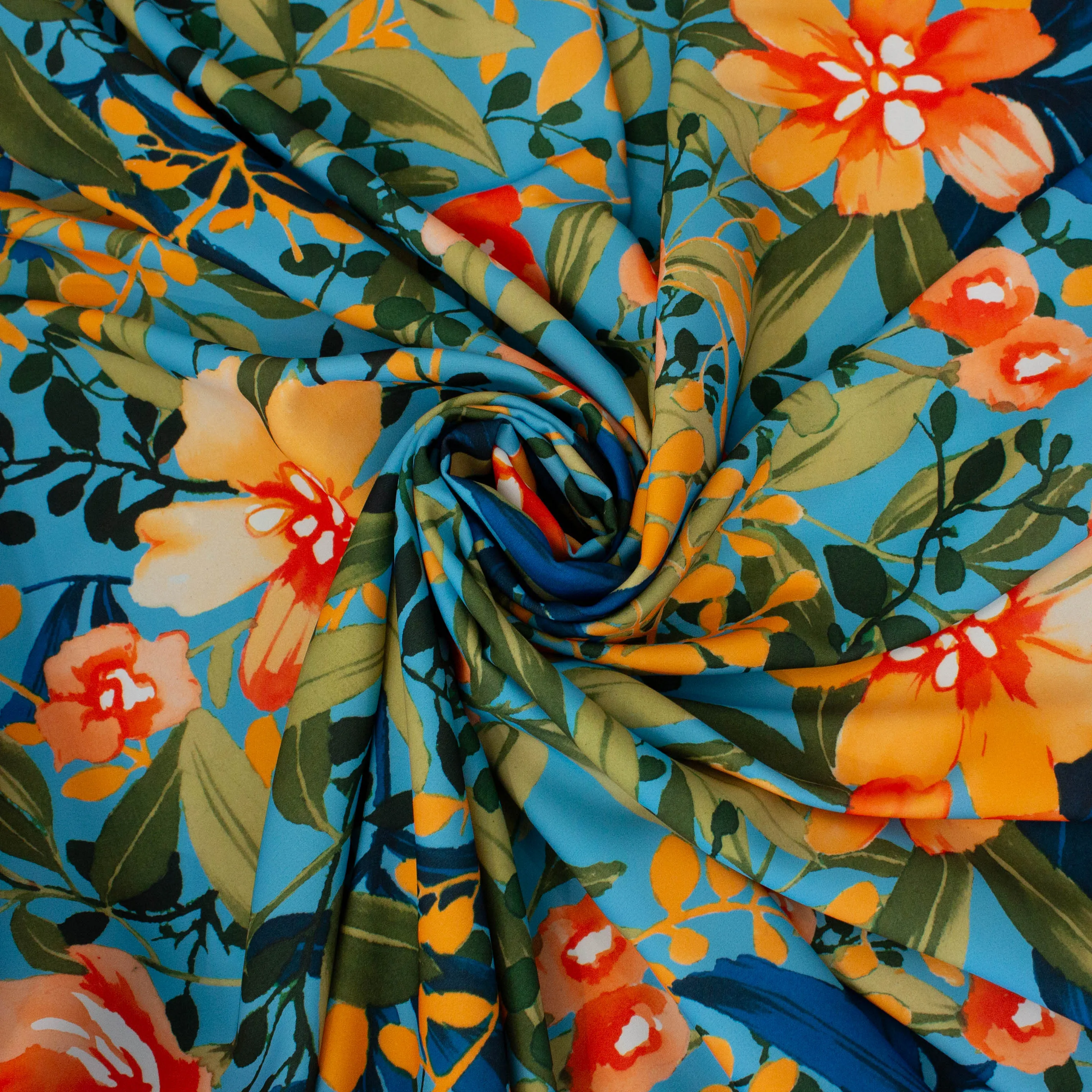 Polyester blauw met oranje bloemen - Lorré